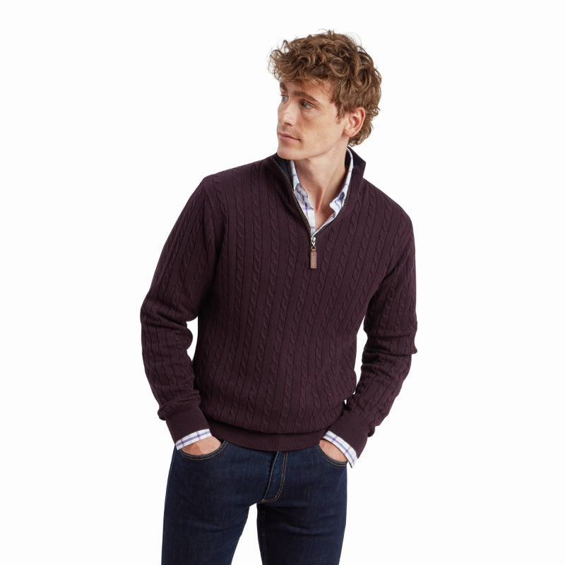 Weekend Sale Special Schoffel Calton Cable Knit Cotton Cashmere 1/4 Zip Mens Jumper - Wine
