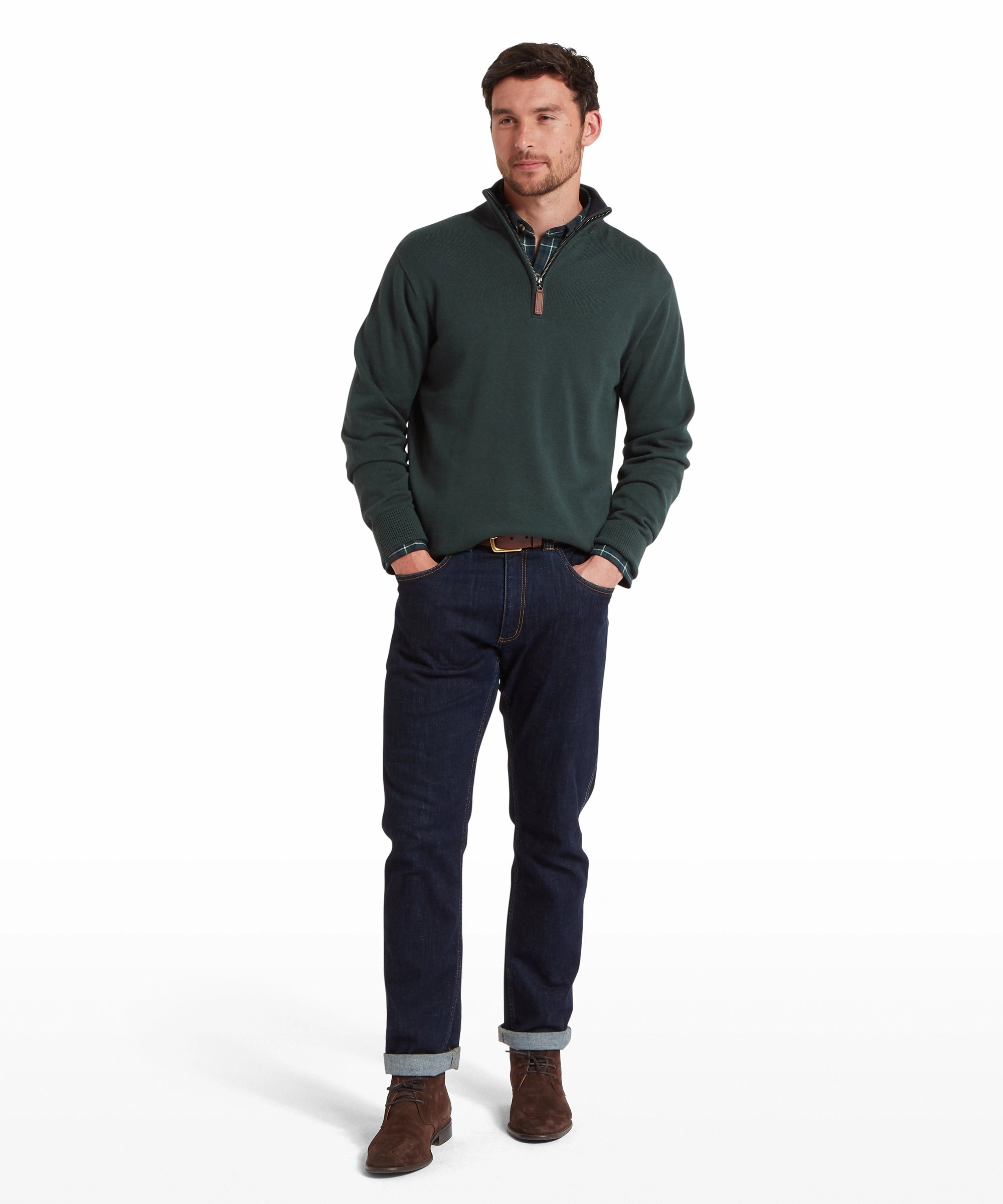 Special Online Offer Limited Time Sale Schoffel Calton Cotton Cashmere 1/4 Zip Mens Jumper - Botanical Green
