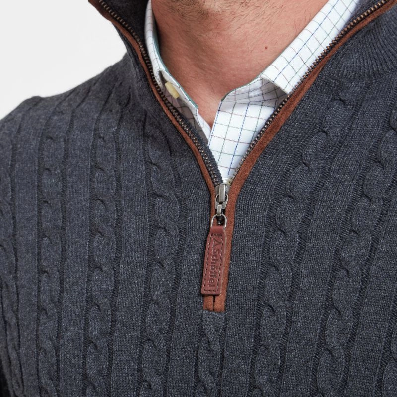 Price Drop Frenzy Schoffel Cotton Cashmere Cable 1/4 Zip Jumper - Charcoal