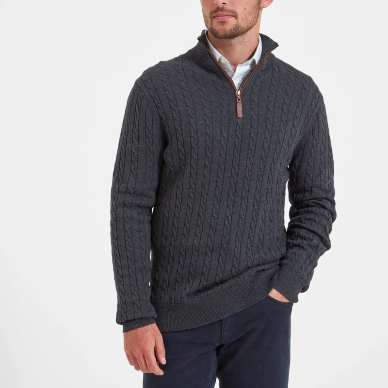 Grab Save Today Schoffel Cotton Cashmere Cable 1/4 Zip Jumper - Charcoal
