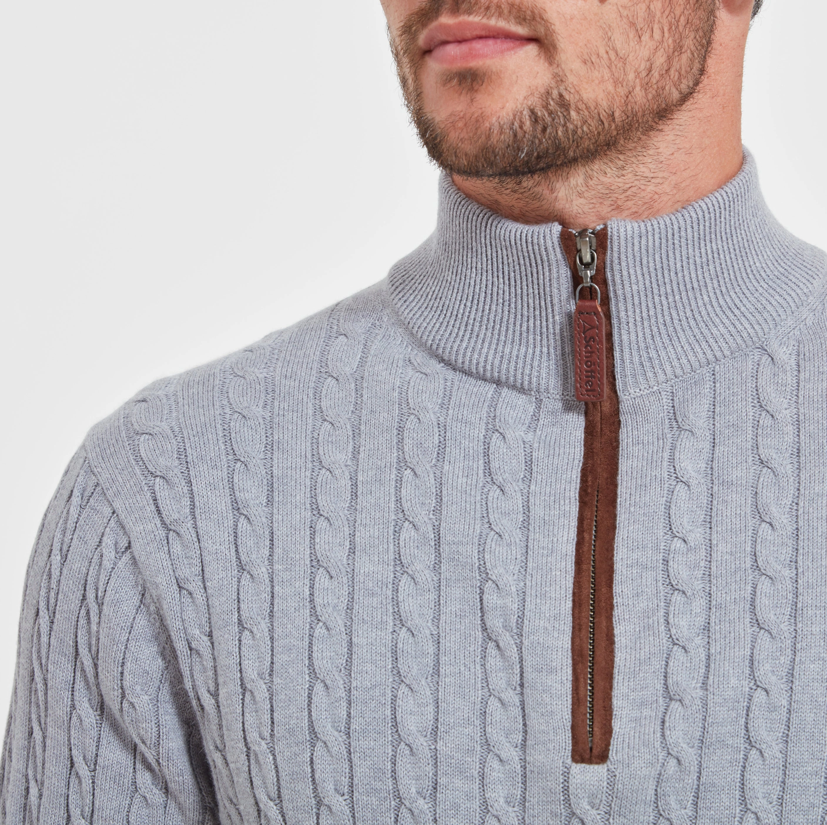 Schoffel Cotton Cashmere Cable 1/4 Zip Mens Jumper - Grey Instant Savings Deal Shop Save Big
