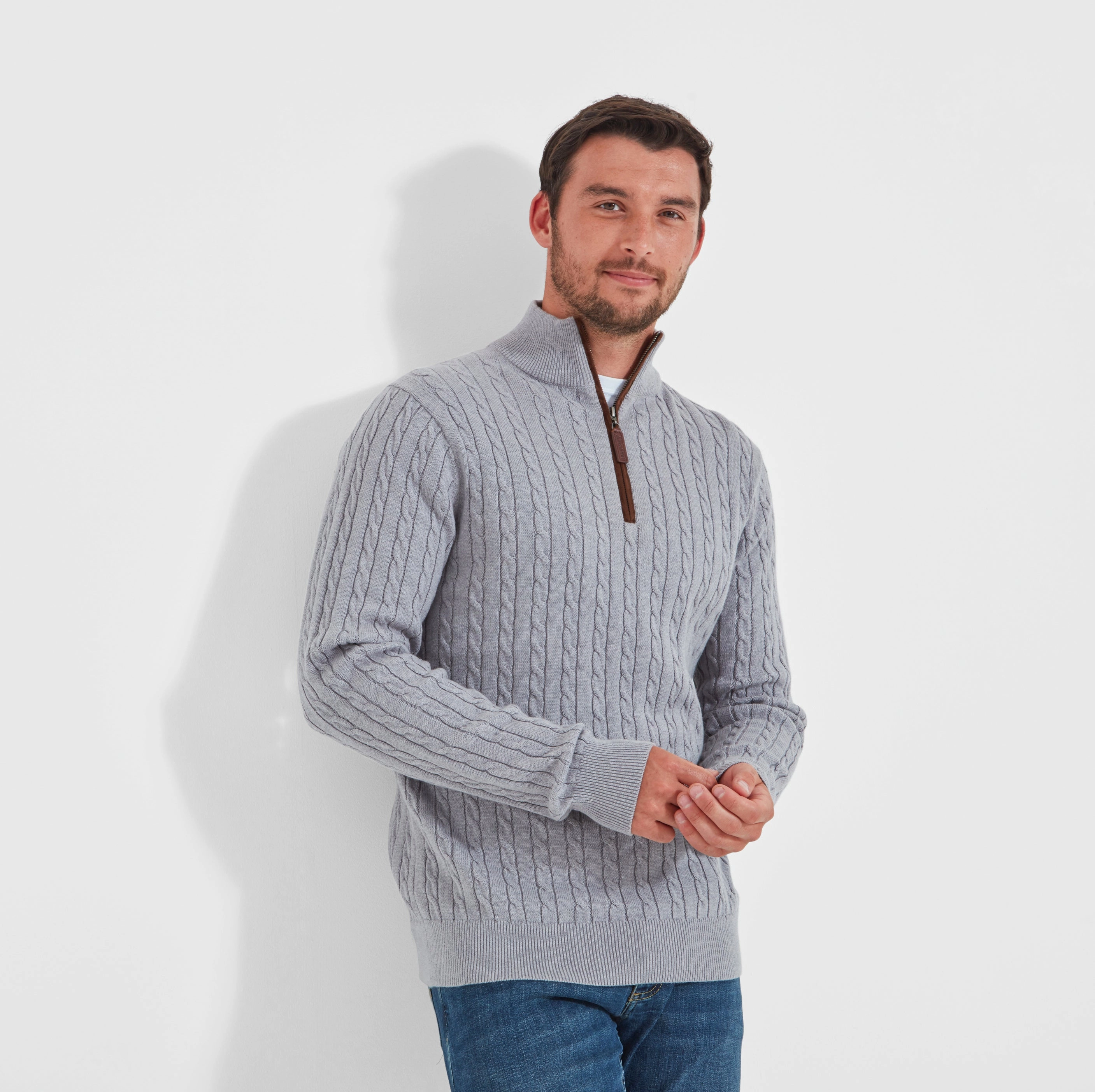 Schoffel Cotton Cashmere Cable 1/4 Zip Mens Jumper - Grey Hot Offer Event Save Big Online