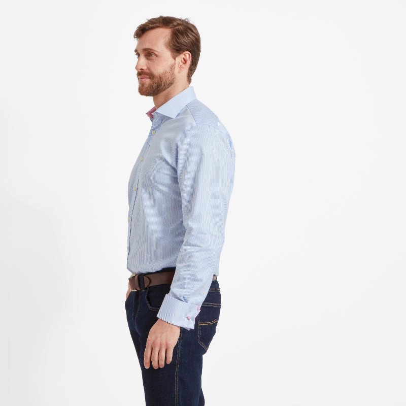 Schoffel Greenwich Double Cuff Tailored Fit Mens Shirt - Light Blue Stripe Clearance Blowout