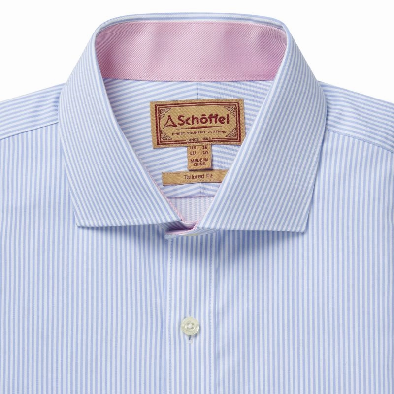 Schoffel Greenwich Double Cuff Tailored Fit Mens Shirt - Light Blue Stripe Todays Mega Savings