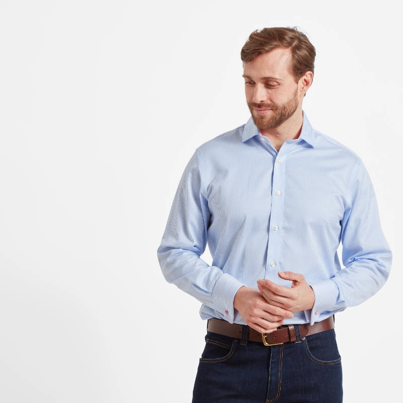 Big Savings Today Schoffel Greenwich Double Cuff Tailored Fit Mens Shirt - Light Blue Stripe