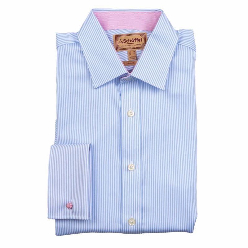 Schoffel Greenwich Double Cuff Tailored Fit Mens Shirt - Light Blue Stripe Perfect Gift Sale