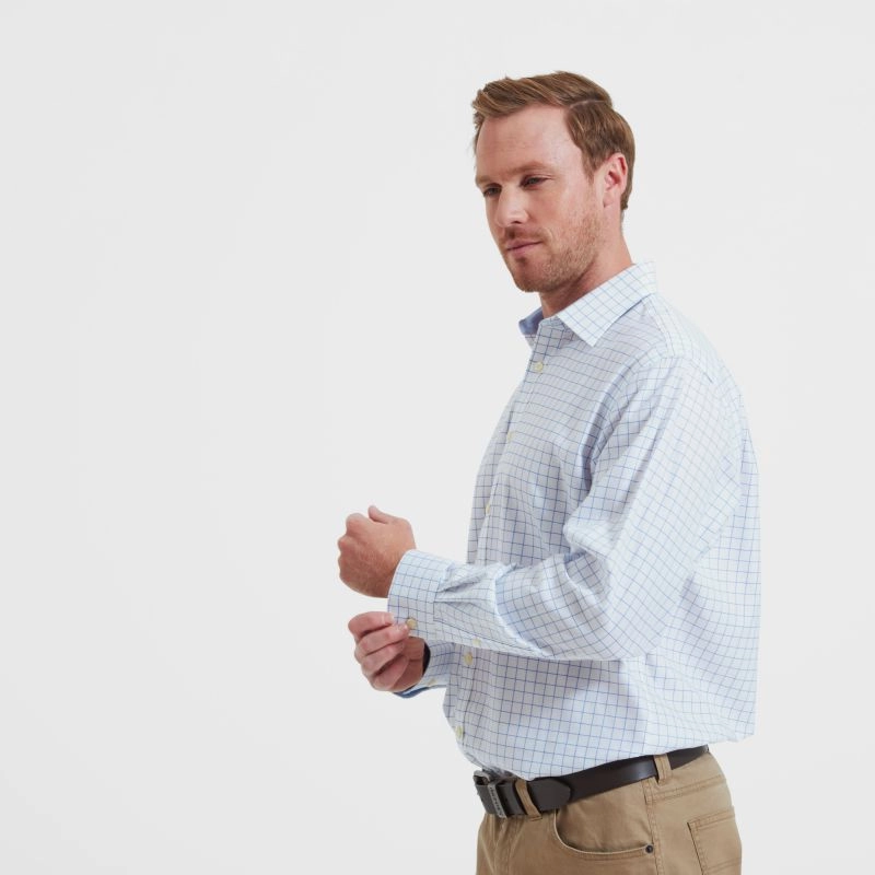 Hot Pick Online Best Seller Deal Schoffel Greenwich Single Cuff Classic Mens Shirt - Light Blue Check
