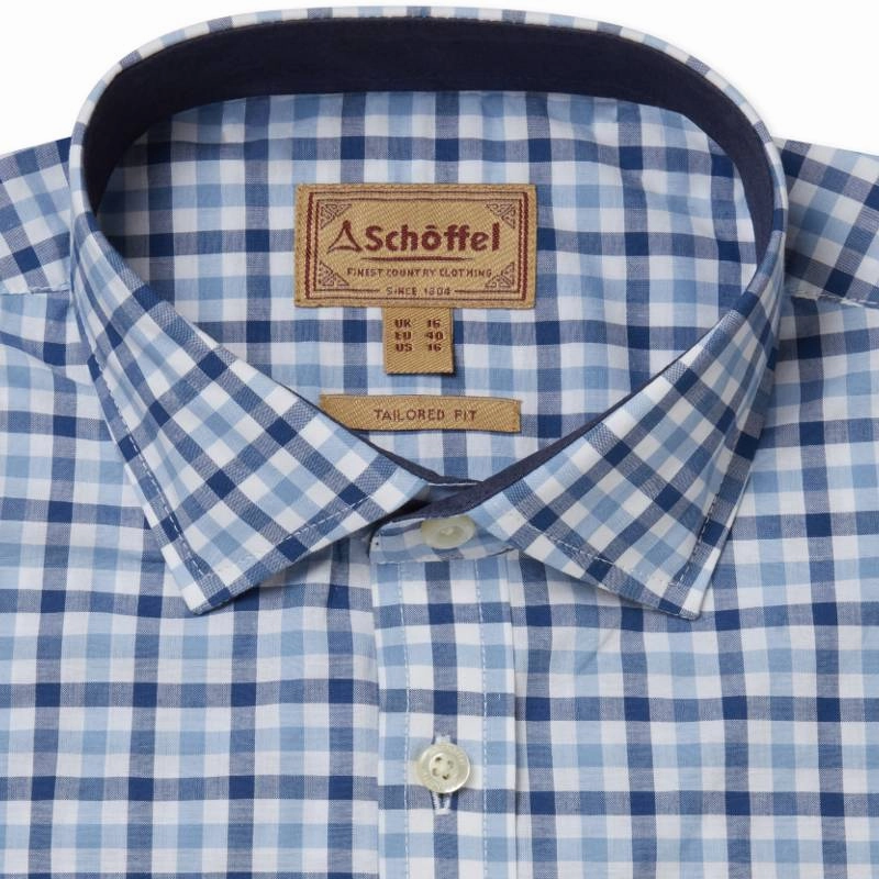 Todays Hot Pick Save More Online Schoffel Hebden Tailored Fit Mens Shirt - French Navy/Sky Blue Check