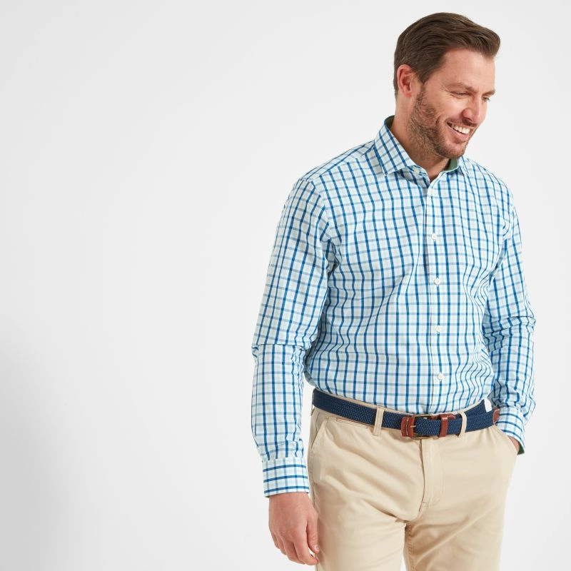 Schoffel Hebden Tailored Fit Mens Shirt - Light Navy/Mint Check Big Hot Sale Gift Ideas Galore