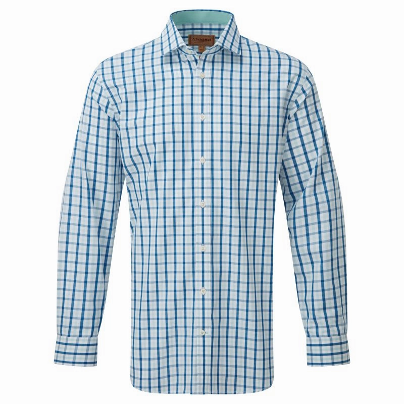 Schoffel Hebden Tailored Fit Mens Shirt - Light Navy/Mint Check Hot Clearance Now