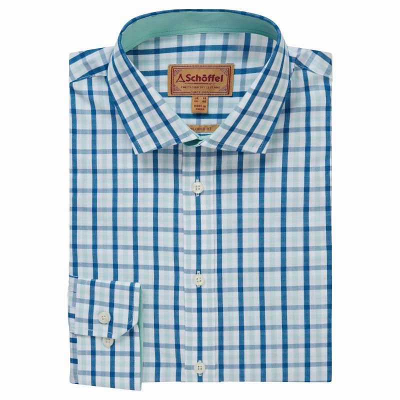 Weekend Specials Unmissable Deal Today Schoffel Hebden Tailored Fit Mens Shirt - Light Navy/Mint Check