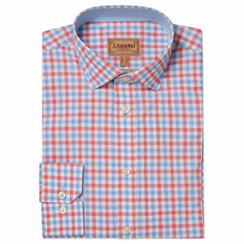 Shop Now Save Limited Time Sale Schoffel Hebden Tailored Fit Mens Shirt - Sun Coral/Sky Blue Check