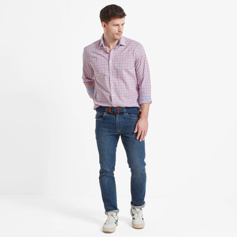 Schoffel Hebden Tailored Fit Mens Shirt - Sun Coral/Sky Blue Check Dont Miss Hot Deals Daily Deal Frenzy