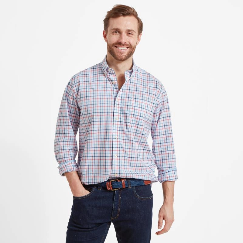 Steal Todays Offer Clearance Steal Today Schoffel Holkham Classic Mens Shirt - French Navy/Sky Blue/Sun Coral