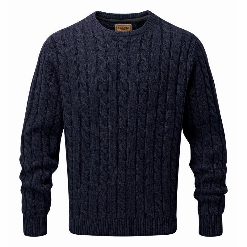 Exclusive Online Discount Schoffel Lambswool Chunky Cable Crew Neck Mens Jumper - Navy