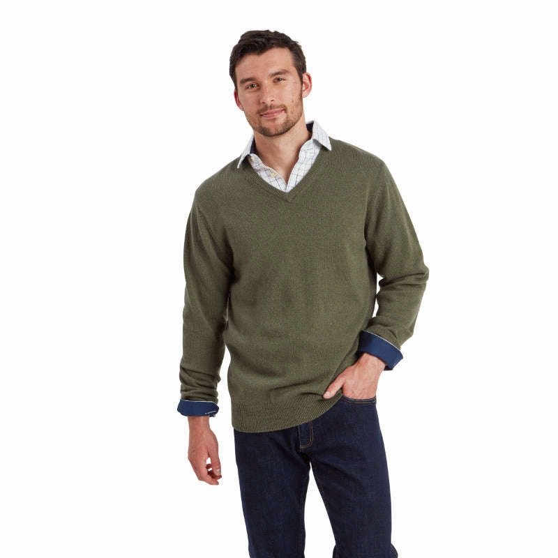 Grab Save Today MustHave Deal Schoffel Lewis Lambswool V Neck Mens Jumper - Woodland