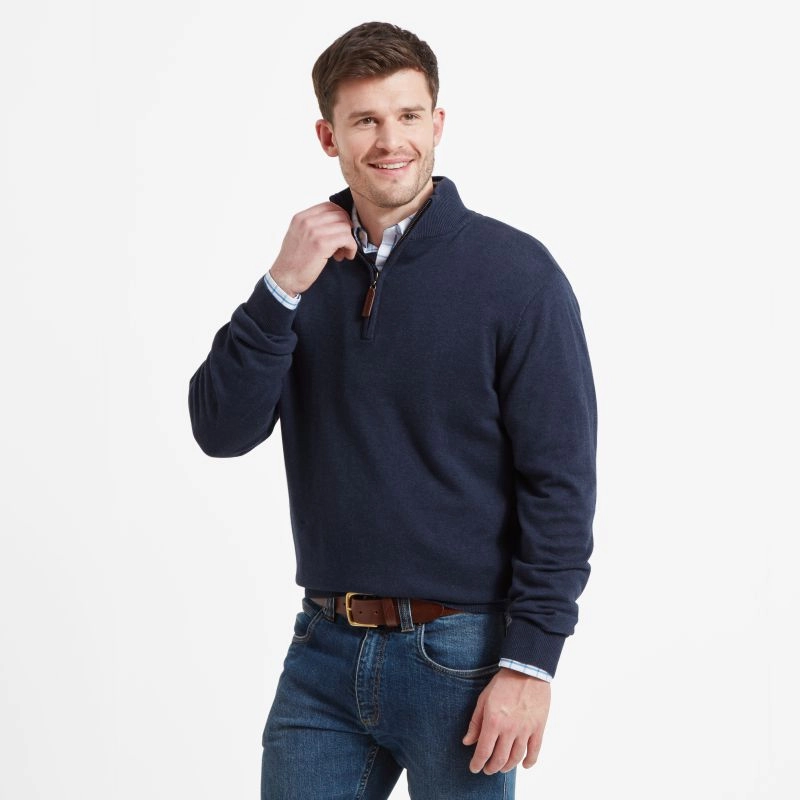 Weekend Sale Special Schoffel Porthmeor Pima Cotton 1/4 Zip Mens Jumper - Navy