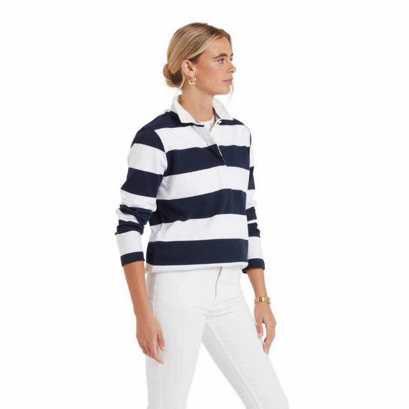 Clearance Savings Now Schoffel St Mawgan Ladies Rugby Shirt - Navy/White Stripe