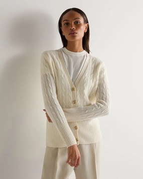 Women'S Clara Cable V Neck Cashmere Cardigan New Ivory White Limited Stock Alert
