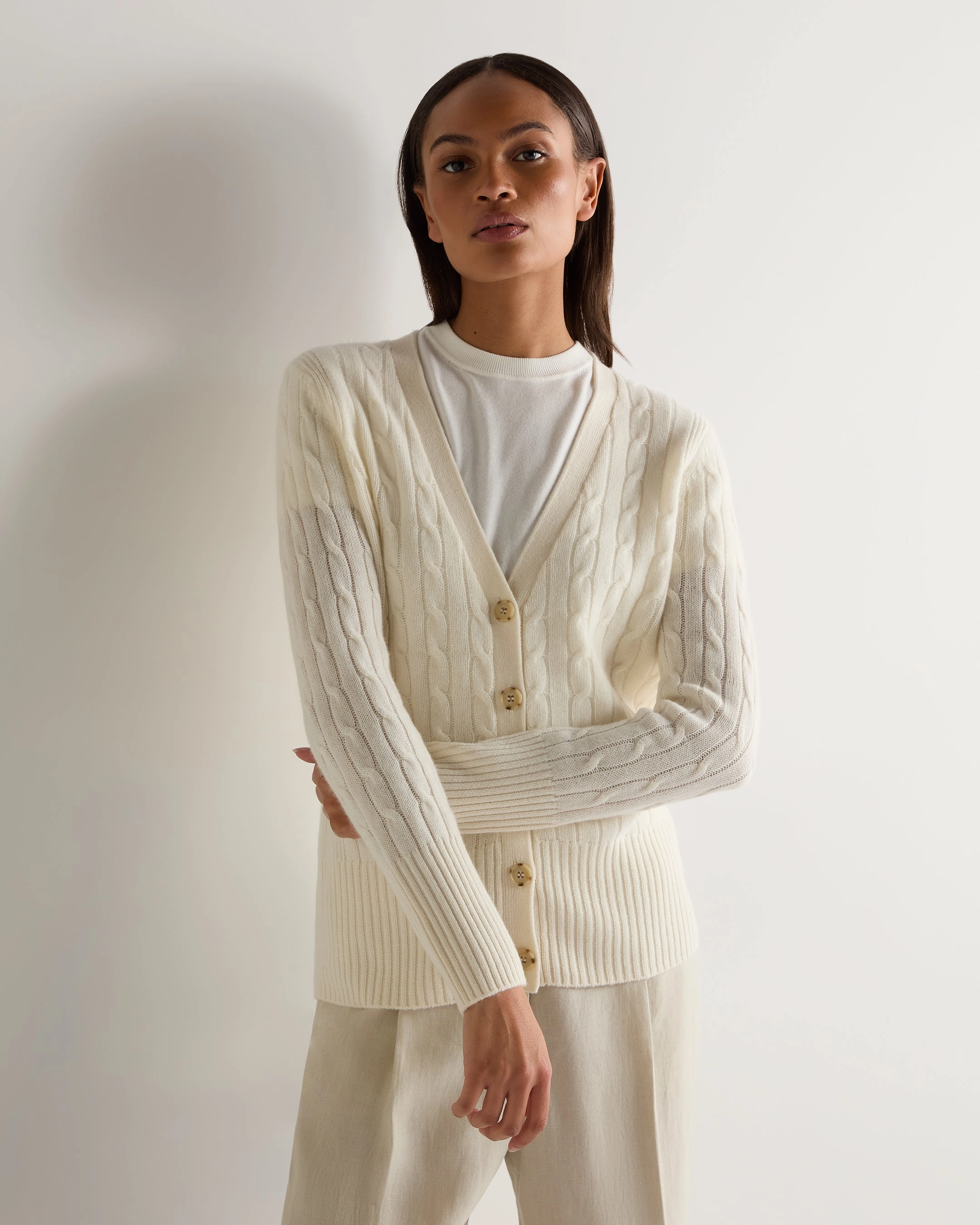 Women'S Clara Cable V Neck Cashmere Cardigan New Ivory White Limited Stock Alert
