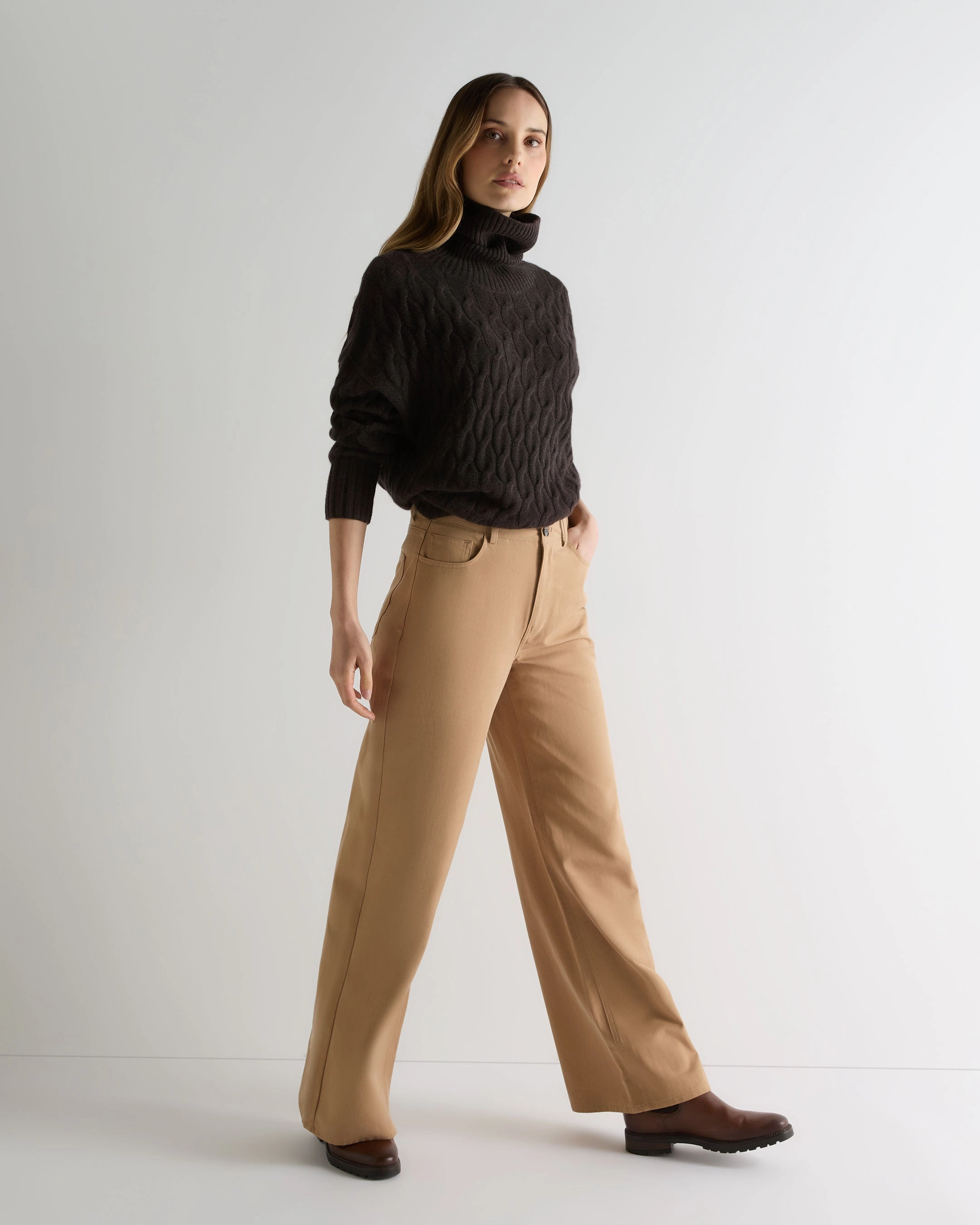 Women'S Emmie Relaxed Cable Roll Neck Cashmere Jumper Chocolate Brown Save Today Only Surprise Offer Now