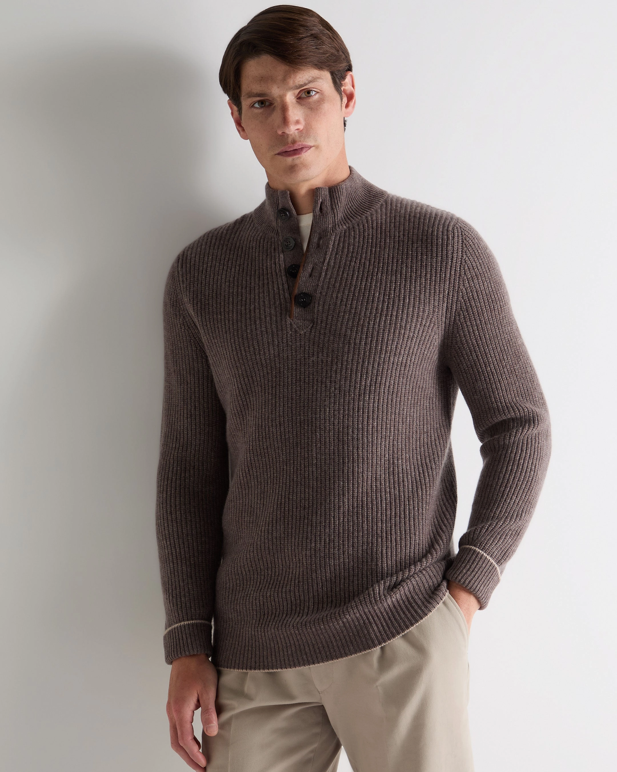 Men'S Beauchamp Half Button Cashmere Jumper Otter Brown Hot Offer Frenzy Special Offer Inside