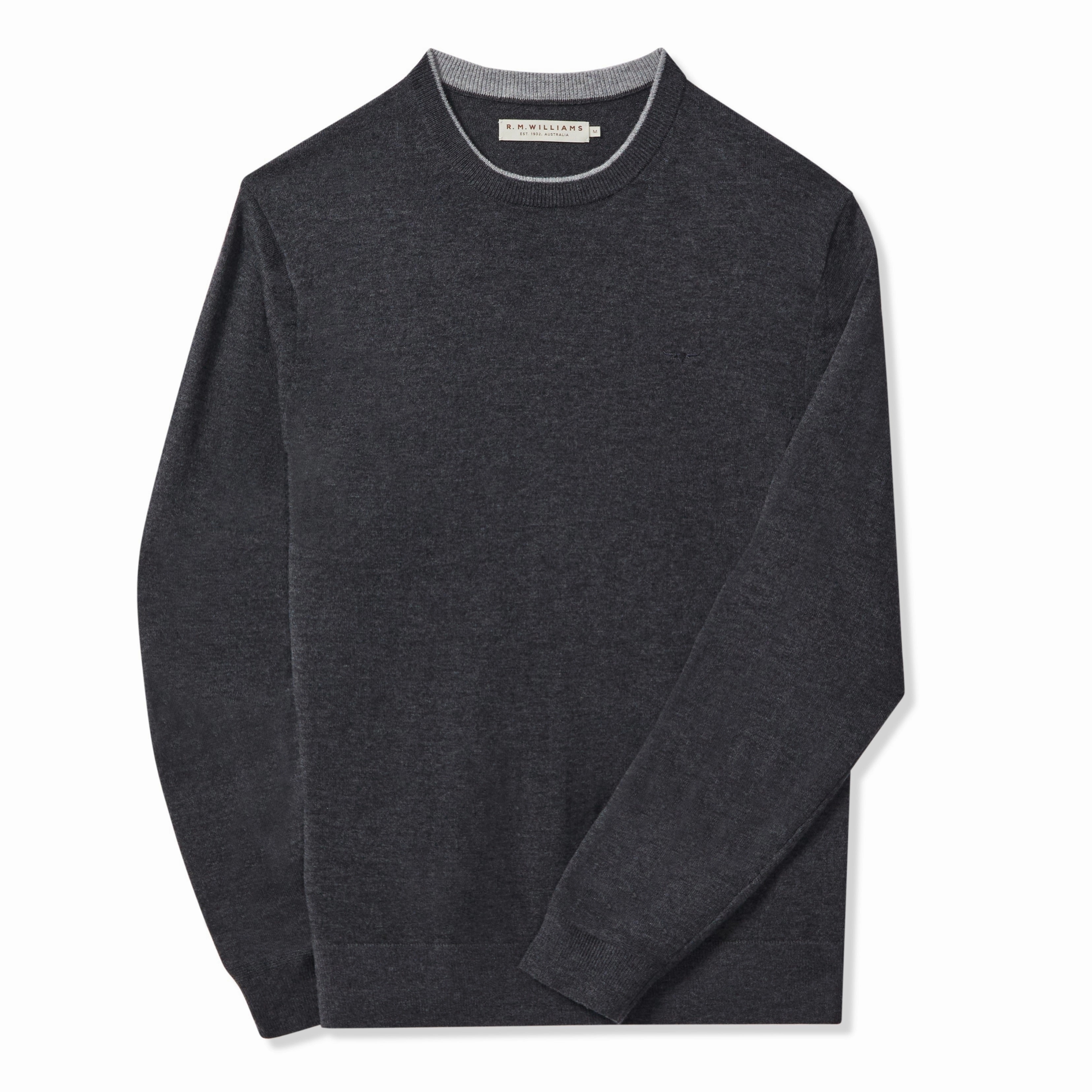 Shop Hot Deals Price Drop Today R.M.Williams Howe Mens Australian Extra Fine Merino Crew Neck Sweater - Charcoal