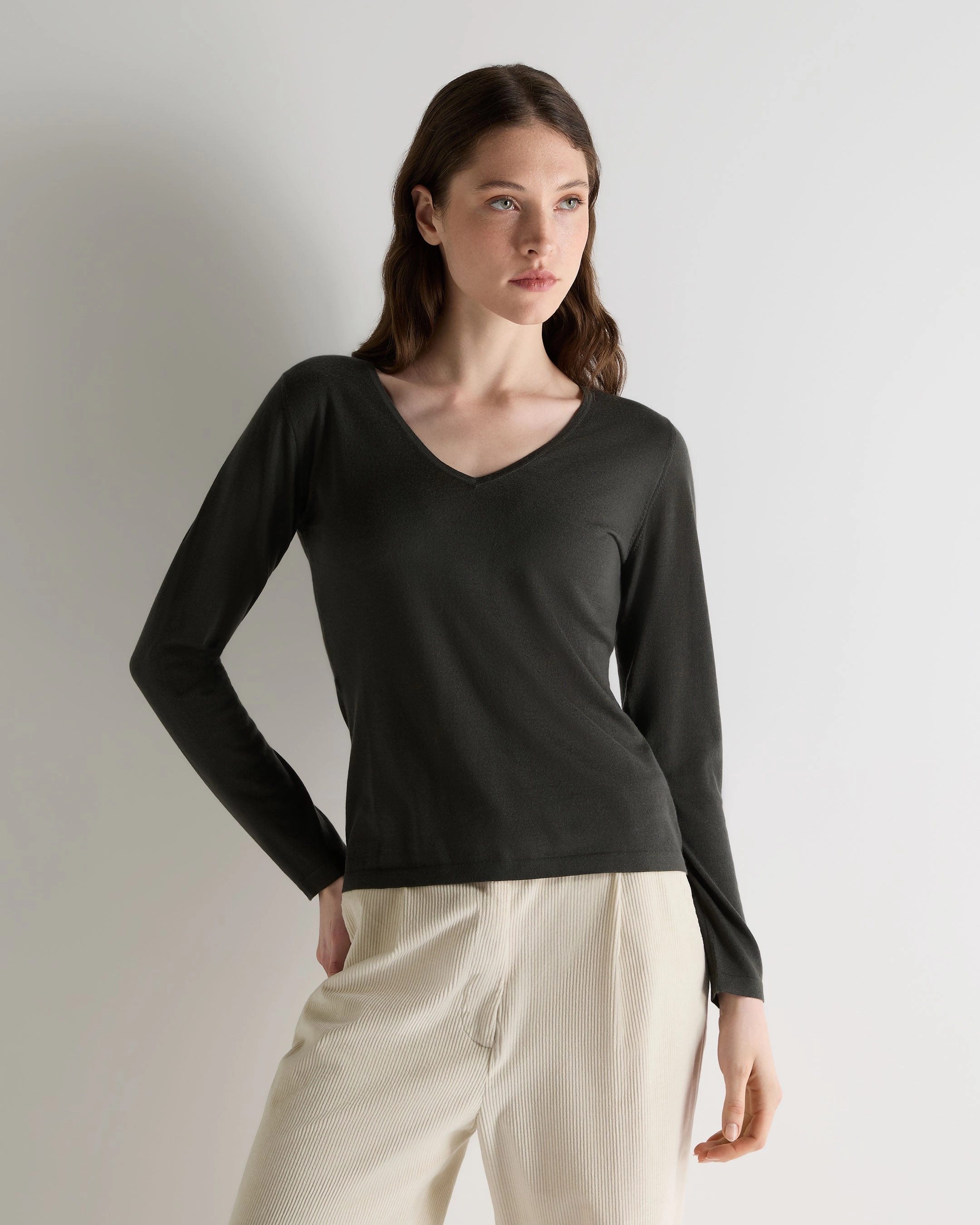 Women'S Imogen Superfine Cashmere V Neck Jumper Arabica Khaki Green Last Chance Offer Daily Hot Deal