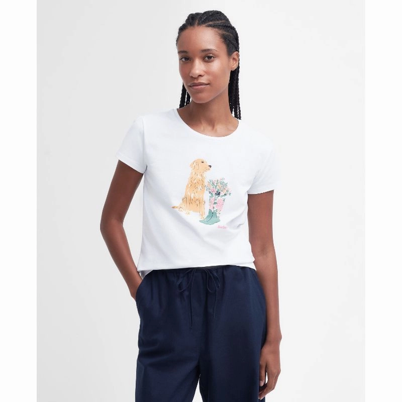 Shop Hot Deals Save Big Today Barbour Rowen Ladies T-Shirt - White (Golden Retriever)