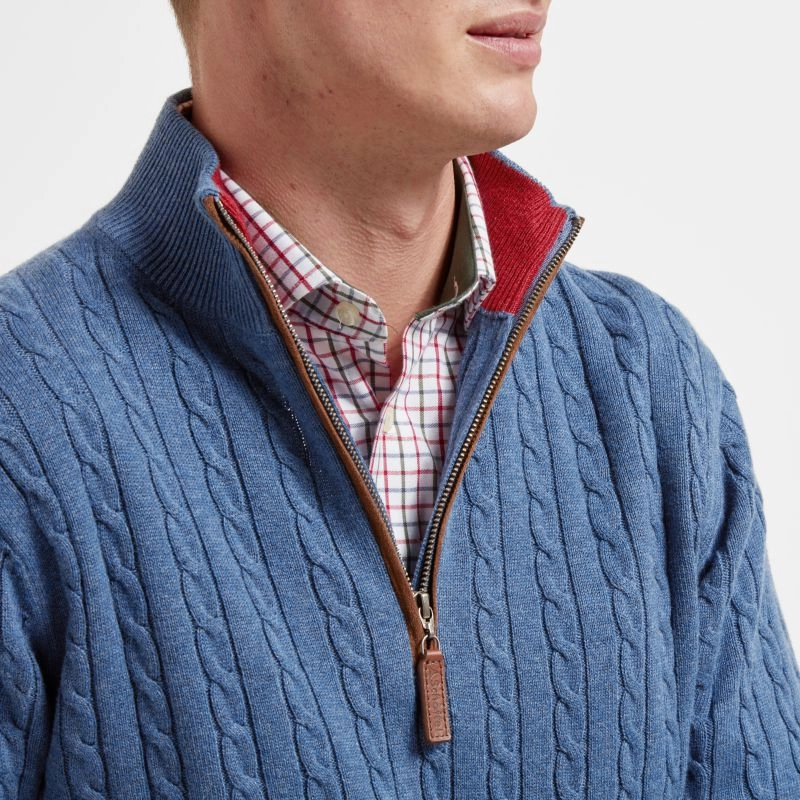 Schoffel Cotton Cashmere Cable 1/4 Zip Jumper - Stone Blue Todays Mega Savings Clearance Steal Today