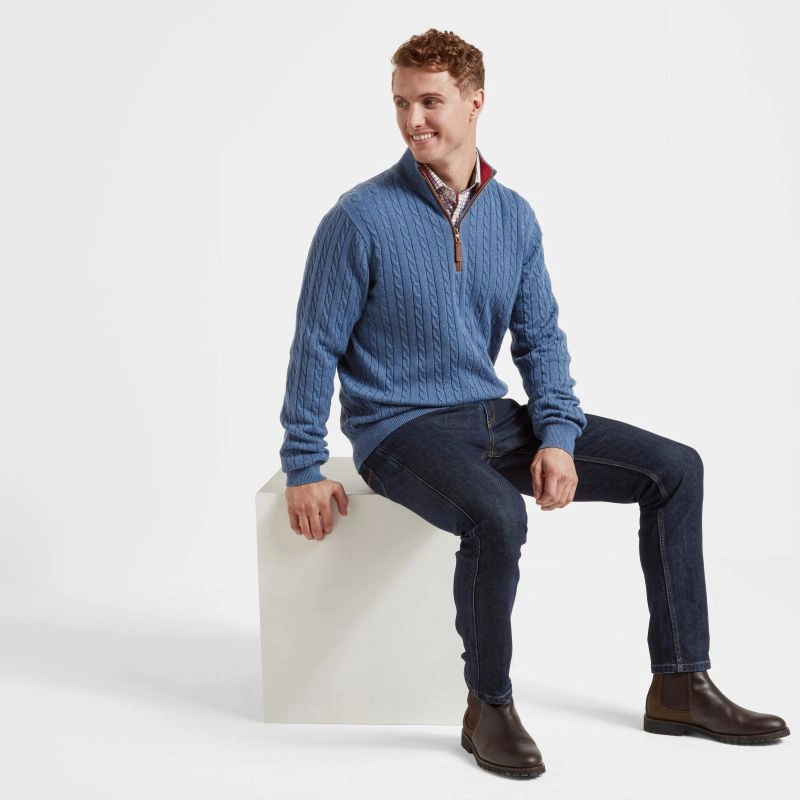 Schoffel Cotton Cashmere Cable 1/4 Zip Jumper - Stone Blue Special Price Today