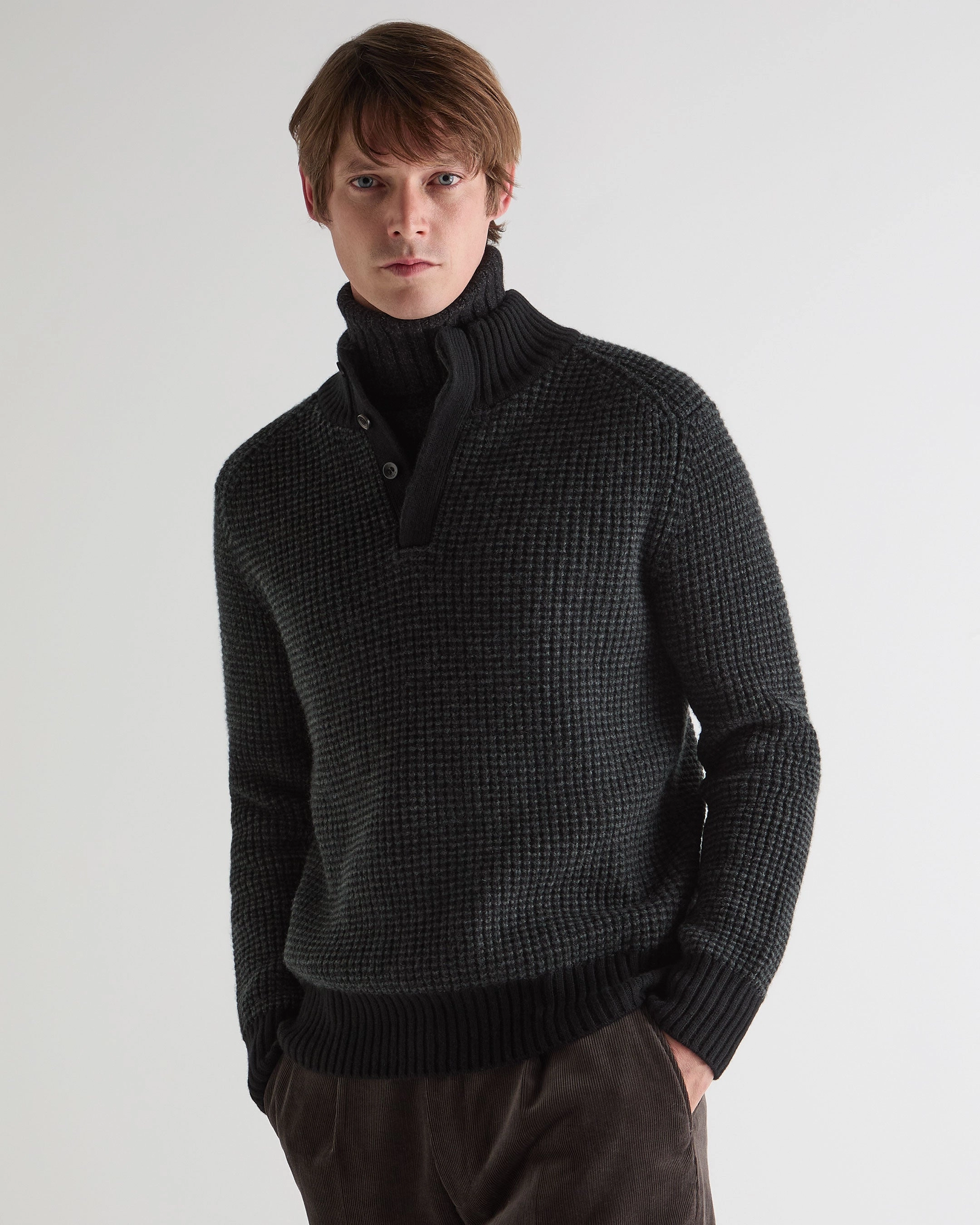Shop Save Big Men'S Moss Stitch Half Button Cashmere Jumper Black