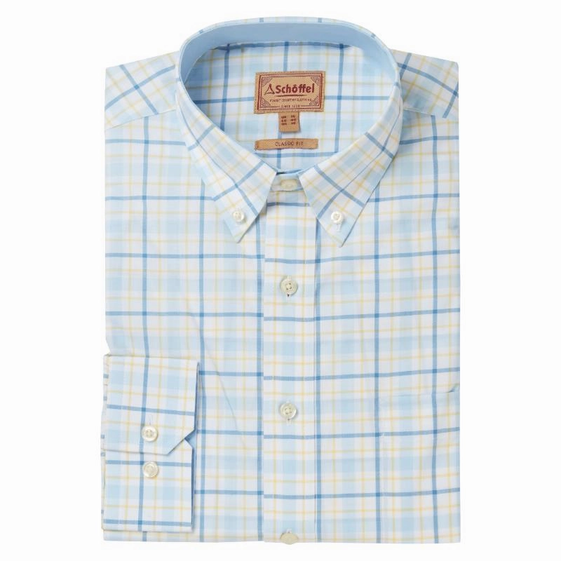 Shop Hot Deals Schoffel Polstead Classic Fit Mens Shirt - Sky Blue/Pale Blue/Yellow