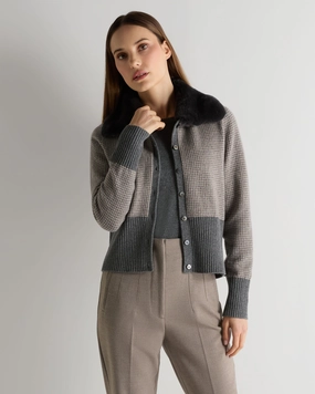Women'S Dogtooth Cashmere Cardigan With Fur Elephant Grey Todays Trending Deals Special Surprise Sale
