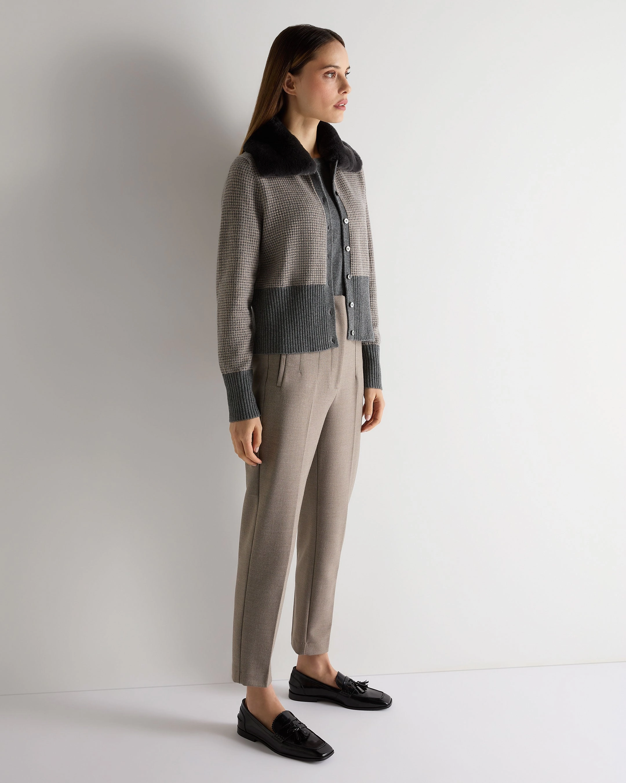 Hot Pick Deal Women'S Dogtooth Cashmere Cardigan With Fur Elephant Grey