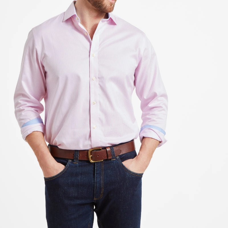 Trending Savings Now Schoffel Greenwich Double Cuff Tailored Fit Mens Shirt - Pale Pink Stripe