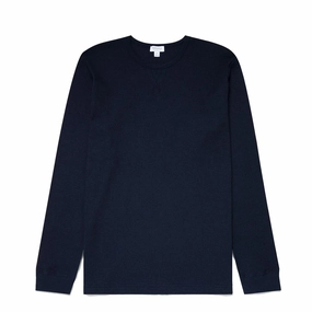Sunspel Long Sleeve Waffle T-Shirt Navy Last Chance Steal