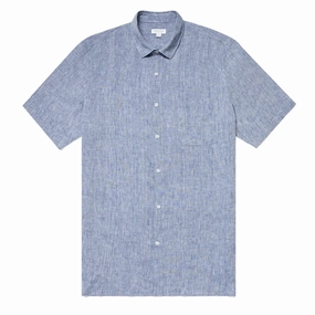 Sunspel Ss Italian Linen Shirt Bluestone Melange Todays Special Picks Exclusive Online Offer