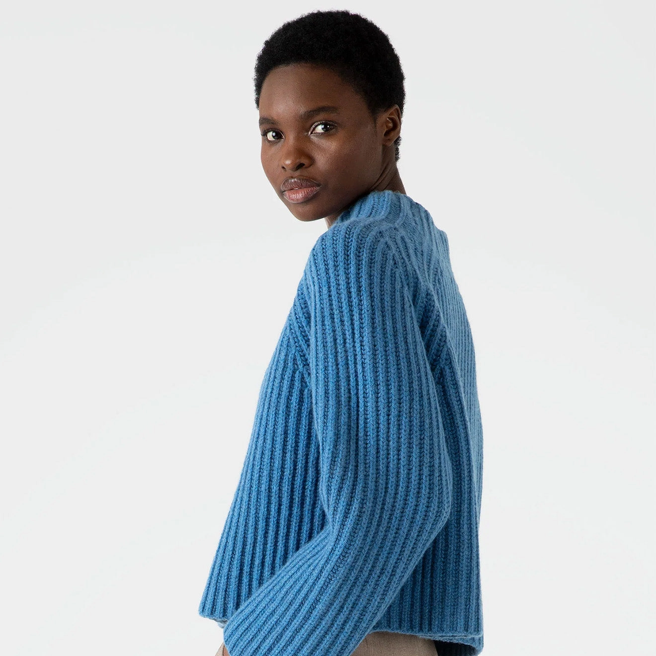 Todays Mega Savings Sunspel Womens Lambswool Chunky Funnel Neck Jumper Blue Jean