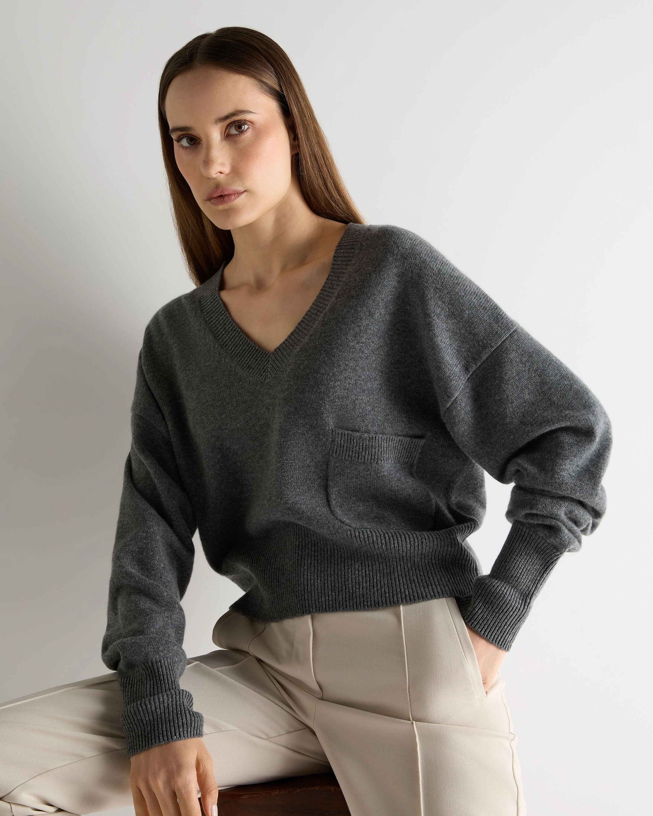 Women'S Cropped V Neck Cashmere Jumper Elephant Grey Clearance Alert Now