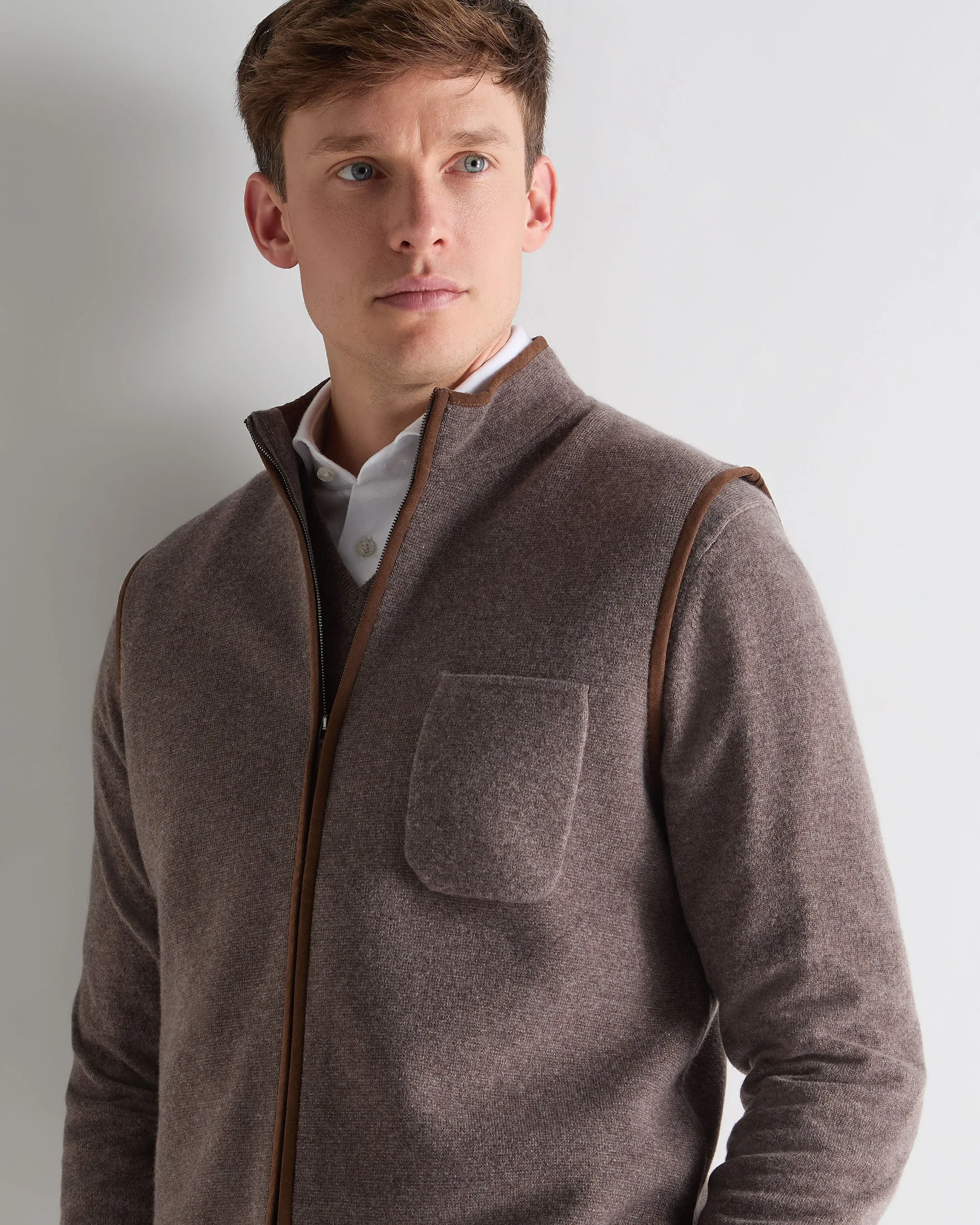Flash Discount Today Men'S Shaftesbury Suede Trim Cashmere Gilet Otter Brown