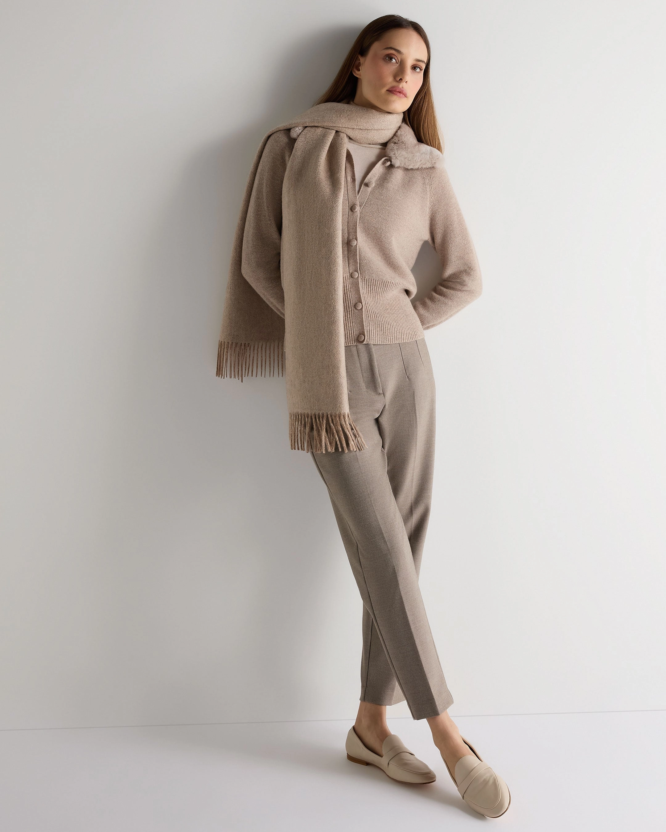 Women'S Honeycomb Fur Trim Cashmere Cardigan Oatmeal Brown Deal of the Day Big Savings Alert