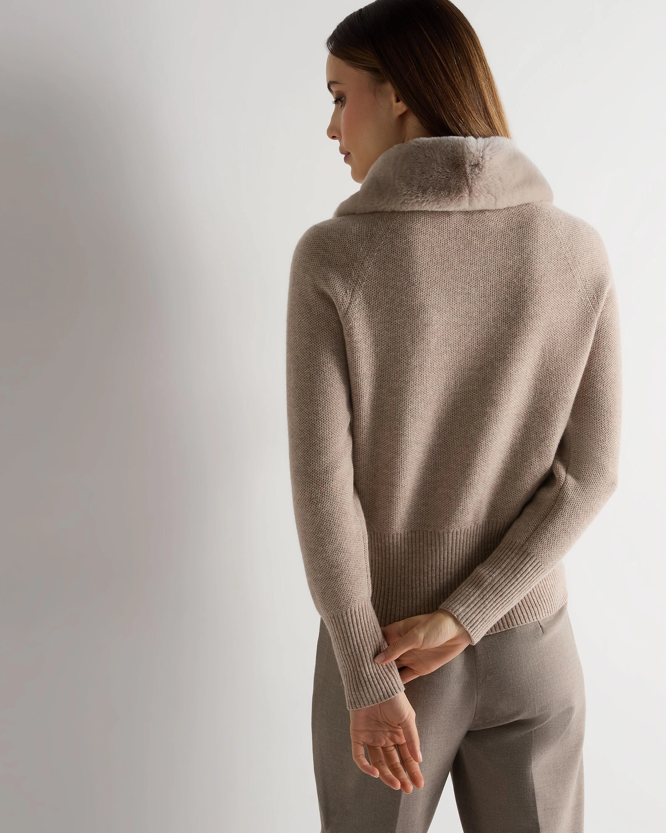 Mega Discount Today Women'S Honeycomb Fur Trim Cashmere Cardigan Oatmeal Brown