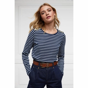 Clearance Blowout Shop Todays Picks Holland Cooper Padstow Long Sleeve Crew Neck Ladies Tee - Ink Navy/Natural Stripe