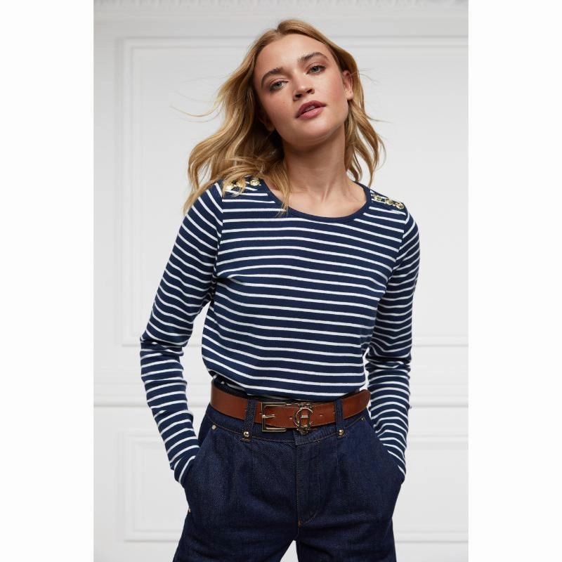 Clearance Blowout Shop Todays Picks Holland Cooper Padstow Long Sleeve Crew Neck Ladies Tee - Ink Navy/Natural Stripe