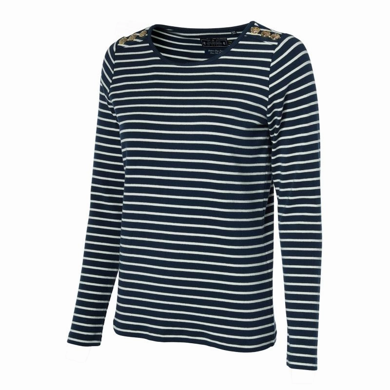 Holland Cooper Padstow Long Sleeve Crew Neck Ladies Tee - Ink Navy/Natural Stripe Instant Savings Deal