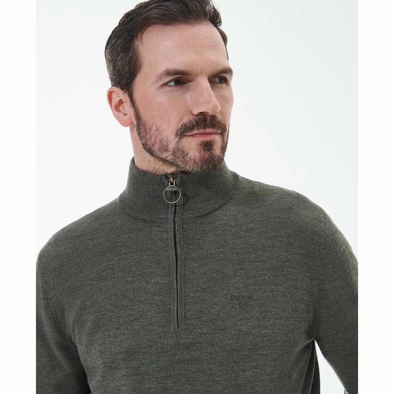 Barbour Loyton Merino Mens 1/4 Zip Jumper - Olive Marl Big Price Drop Exclusive Deal Inside