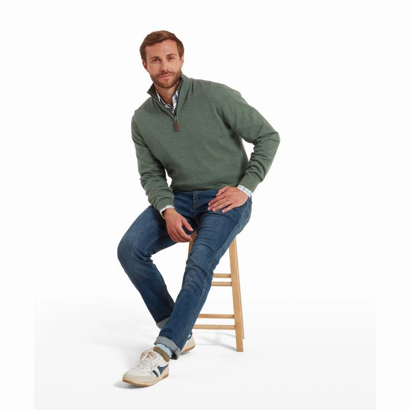 Schoffel Porthmeor Pima Cotton 1/4 Zip Mens Jumper - Country Green Grab It Now