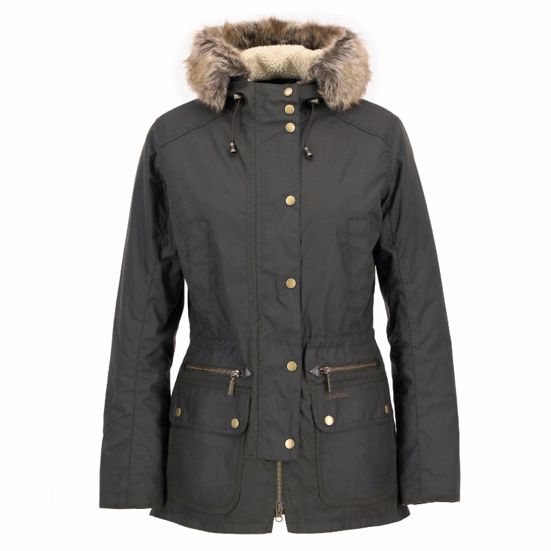 Trending Savings Now Barbour Ladies Kelsall Wax Parka Jacket - Olive / Classic