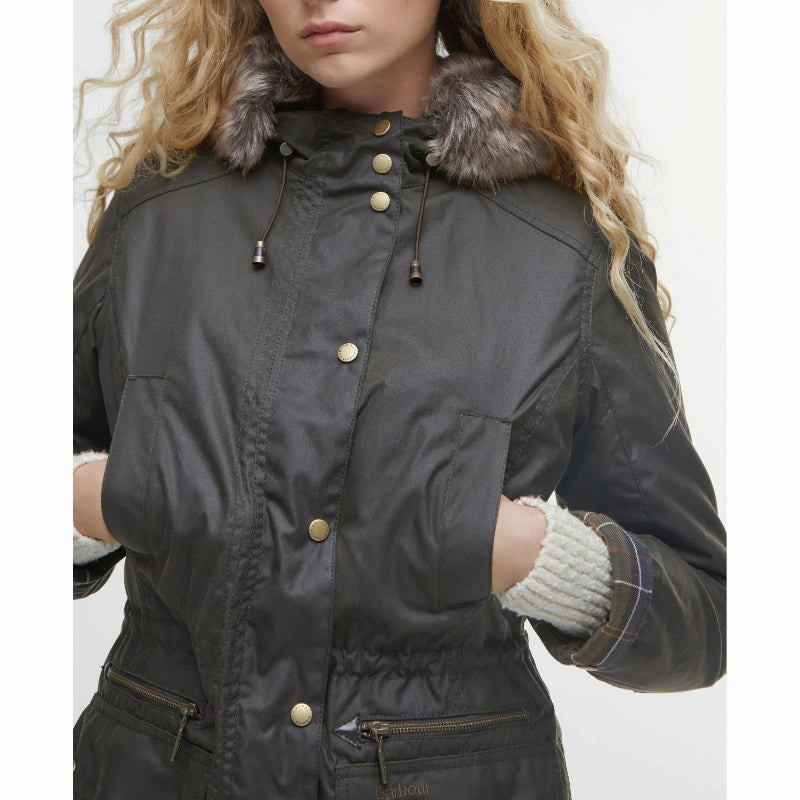 MustHave Gift Ideas Limited Time Sale Barbour Ladies Kelsall Wax Parka Jacket - Olive / Classic